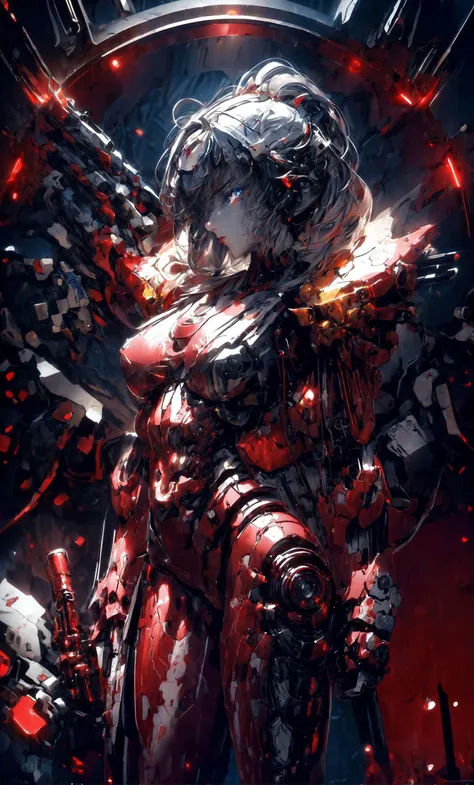 1girl,solo,weapon,gun,rifle,breasts,holding weapon,holding,black hair,mechanical arms,holding gun,red background,science fiction,from side,looking at viewer,cyberpunk,cyborg,bodysuit,medium breasts,skin tight,cowboy shot,standing,profile,gradient,gradient background,cropped jacket,single mechanical arm,sniper rifle,simple background,makeup,red jacket,artist name,black bodysuit,joints,arm at side,covered navel,shiny clothes,robot joints,shiny,blue eyes,<lora:Gundam girl_20230712160146:1.2>,<lora:more_details:0.9>,