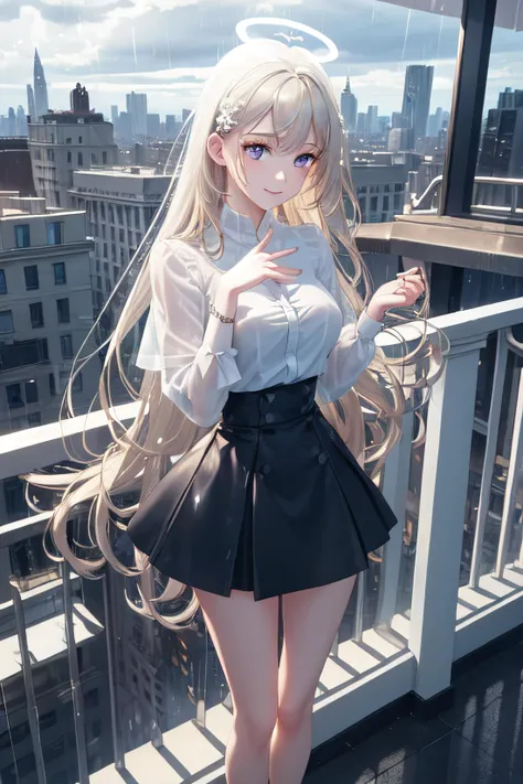 (((Masterpiece))),(((best quality))),(highly detailed CG illustration),((a extremely delicate and beautiful)),young,full body,goth,black short skirt, long blonde hair, modern clothing, ((streetwear)),(((white floating, glowing halo))),Perfect Eyes,(((standing in rain))), in the city, (((blue filter))), (((alone))), (((city top balcony))),((high rise condo)), view of the city,smiling, happy, perfect hands, pretty hands, good hands <lora:GoodHands-beta2:1>