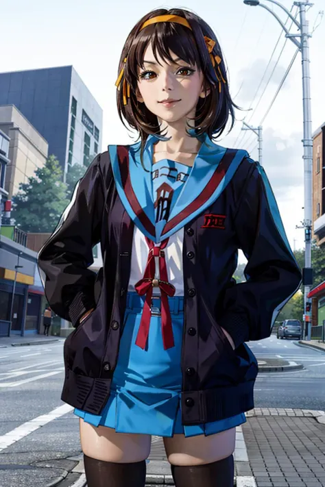 photo,realistic,
suzumiya haruhi, hiranoaya
looking at viewer, smile,
suzumiya haruhi, hair ribbon, hair band
cardigan, winter uniform, serafuku, blue skirt, thighhighs,long long sleeves,
<lora:HaruhiSuzumiya:1>
<lora:hiranoaya_lora-06:0.8>