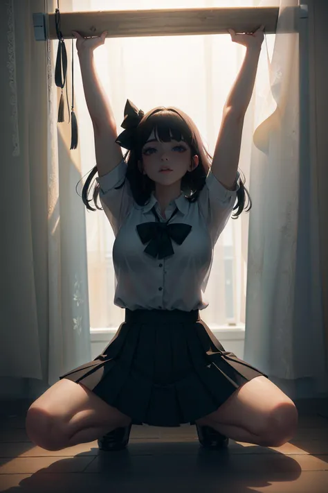 Best quality, masterpiece, ultra high res, raw photo, beautiful and aesthetic,deep shadow, dark theme,(photorealistic:1.4),
a girl in a white shirt and a pleated skirt, freckles, bow hair ornament, sunlight backlight,
evocative atmosphere, magnetic presence, refined seduction, captivating mystique,
a single female figure, astonishing level of detail, generously endowed, striking perspective, a chaotic masterpiece, gracefully poised, vibrant color palette, undertones
<lora:backlight_slider_v10:-1.5>