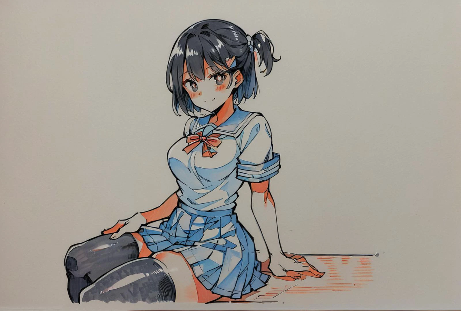 score_9, score_8_up, score_7_up, girl sitting in a bench, hands on thighs, long black hair, school uniform, skirt, black thighhighs, cute hair ornament, bright pupils, blush, medium breasts, narrow waist, wide hips, thick thighs, looking at viewer, cowboy shot, dynamic pose, cute, wide shot, solo, sexually suggestive, light smile, from side,
<lora:KeyFrameXLP_Style:1>KeyFrameXLP, color trace, traditional media, sketch, colored pencil (medium), txt, keyframe,
