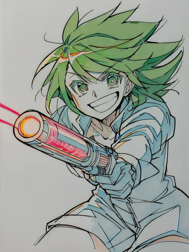 score_9, score_8_up, score_7_up, shooting a giant gun, laser, explosion, green hair, floating hair, laughing, destroyed city, futuristic, looking at viewer, cowboy shot, dynamic pose, smile, cute, wide shot, solo, dutch angle, simple white background,
<lora:KeyFrameXLP_Style:1>KeyFrameXLP, color trace, traditional media, sketch, colored pencil (medium), txt, keyframe,
