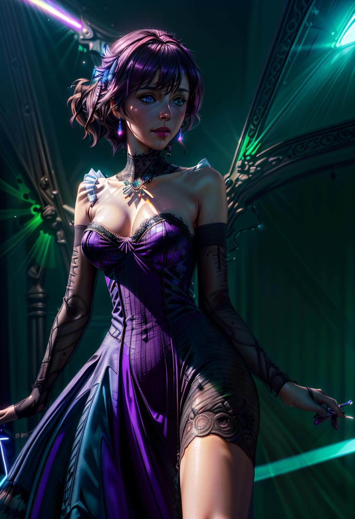 (masterpiece, best quality, highres:1.2), (photorealistic:1.2), (intricate and beautiful:1.2), ((colorful, dynamic angle)), (Dutch angle shot:1.5), (extreme close-up shot:1), fashion photography, 1girl, (cocktail dress designed by Virginie Viard:1.5), cameltoe:2, <lora:mlegs2:0.9> mposition, wide hips:0.8, blushing, <lora:more_details:0.65>, (official art), backlight, hair light, cinematic lighting, ethereal light, gorgeous light and shadows, glamorous, rich colors, magenta led lights , green led lights, yellow led lights, blue led lights, studio lighting, 8k, cinematic illumination, extremely sharp, cinematic composition, <lora:spotlight:0.58>, dark theme, spotlight, (fractal art:1) ,<lora:epi_noiseoffset2:0.6>
