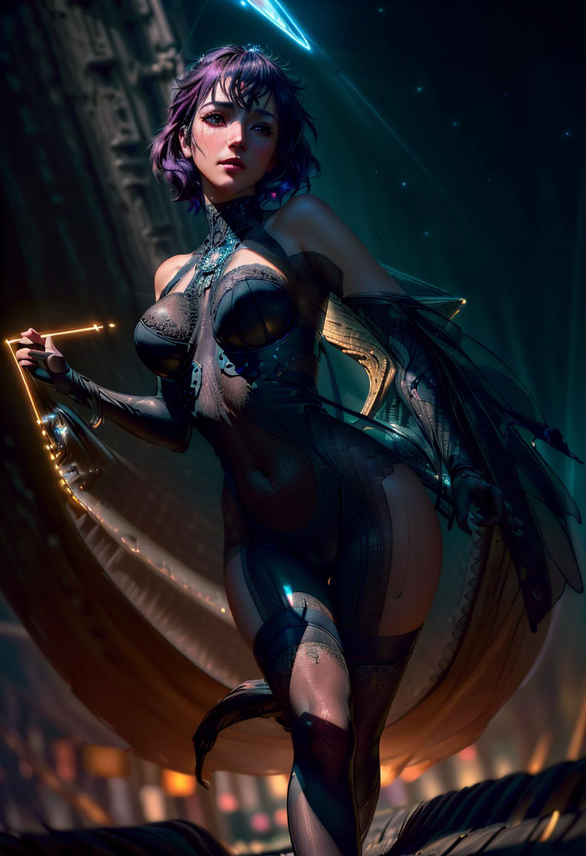 (masterpiece, best quality, highres:1.2), (photorealistic:1.2), (intricate and beautiful:1.2), ((colorful)), beautiful girl walking at night along a neon lit street lined with shops and bustling with people, 1girl, cameltoe:2, <lora:mlegs2:0.9> mposition, (aerial shot:1.5),(top- wide hips:0.5, blushing, <lora:more_details:0.65>, (official art), backlight, hair light, ethereal light, gorgeous light and shadows, glamorous, rich colors, 8k, extremely sharp, cinematic composition, (depth of field:1.3), <lora:spotlight:0.62>, dark theme, spotlight, (fractal art:1) ,<lora:epi_noiseoffset2:0.8>,