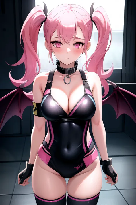 Pink hair. Pigtails. Miniskirt. Earring. Devil's wings. Naked. Fallen angel. Yami Ochi. Evil chi. Devil. Infant. Enchantress. Luminous eyes. Universe. Heart-shaped vacant chest. Heart logo. Kiss. Blush. The devil's tail. Blindfold. Blindfold.