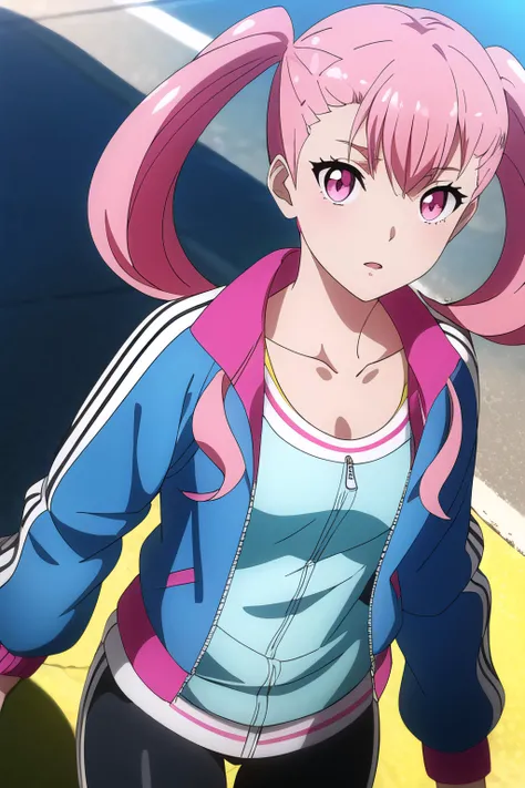 <lora:ellie:0.75>,(ellie:1.2), pink hair, pink eyes, long hair, twintails, (bangs:0.8), (blue jacket:1.2), open jacket, thigh strap,cowboy shot,, (((masterpiece, best quality, ultra-detailed, ray tracing))), deph of field, (perfect face, detailed face),shiny eyes, fair skin,((high quality face, soft skin )), (collarbone, cinematic light, cinematic shadow),