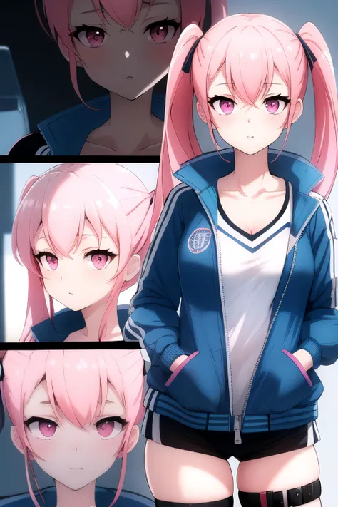 <lora:ellie:1>,ellie, pink hair, pink eyes, long hair, twintails, bangs, blue jacket, open jacket, thigh strap,cowboy shot,, (((masterpiece, best quality, ultra-detailed, ray tracing))), deph of field, (perfect face, detailed face),shiny eyes, fair skin,((high quality face, soft skin )), (collarbone, cinematic light, cinematic shadow),
