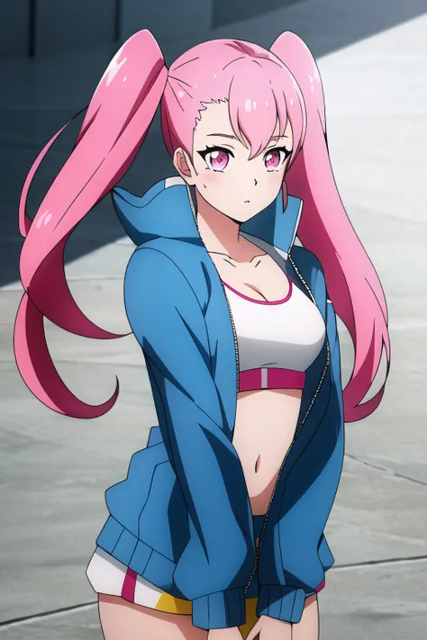 <lora:ellie:1>,(ellie:1.2), pink hair, pink eyes, long hair, twintails, (bangs:0.8), || (blue jacket:1.2), open jacket, red thigh strap,(white sports bra:1.2), shorts, cowboy shot,, (((masterpiece, best quality, ultra-detailed, ray tracing))), deph of field, (perfect face, detailed face),shiny eyes, fair skin,((high quality face, soft skin )), (collarbone, cinematic light, cinematic shadow),