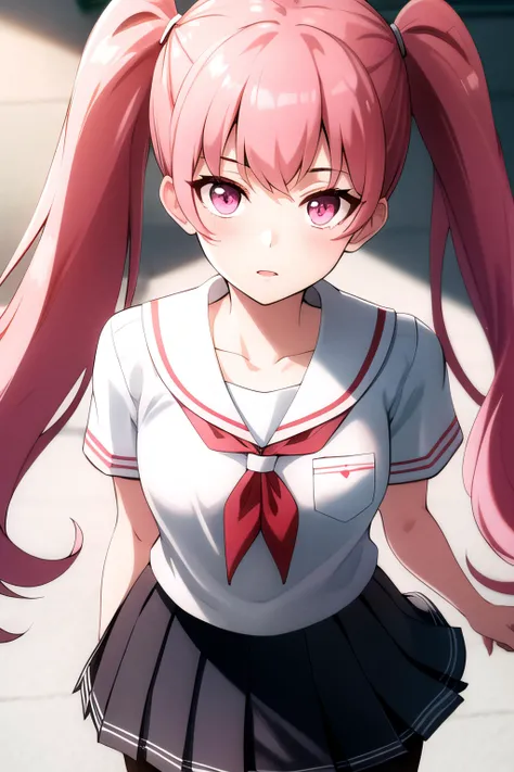 <lora:ellie:1>,ellie, pink hair, pink eyes, long hair, twintails, bangs, cowboy shot,, (((masterpiece, best quality, ultra-detailed, ray tracing))), deph of field, (perfect face, detailed face),shiny eyes, fair skin,((high quality face, soft skin )), (collarbone, cinematic light, cinematic shadow),, ( school uniform,pleated skirt:1.25), white shirt, pantyhose, || legwear, || socks,