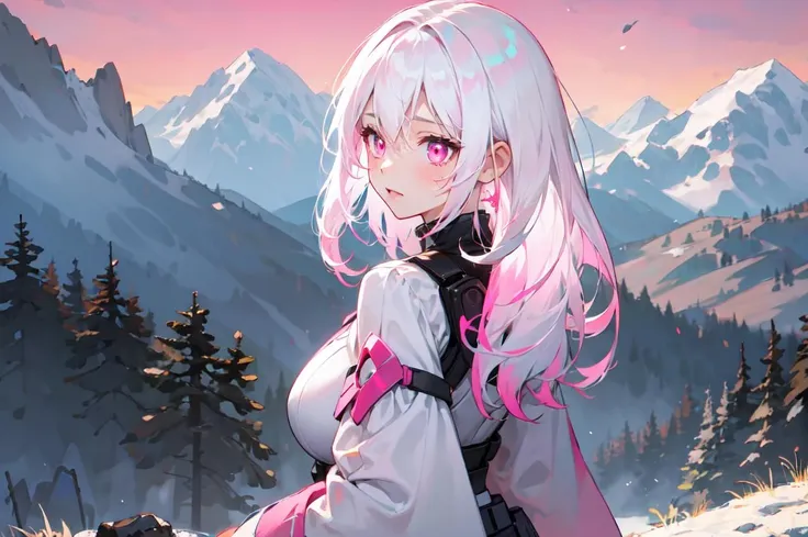 layered sleeves, (pink eyes:1.2), mountains background, white hair, hair intakes, huge breasts, from behind, 1girl, solo,