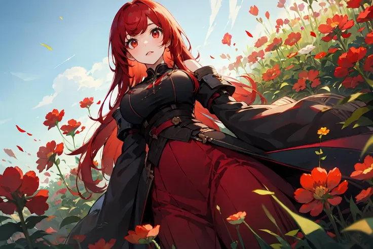 sleeve cuffs, red eyes, flower field background, red hair, swept bangs, gigantic breasts, from below, 1girl, solo