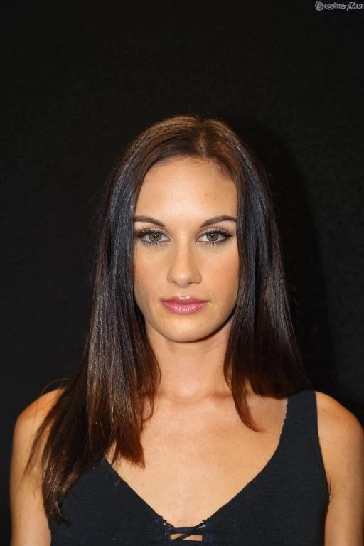a portrait of  <lora:Taylor_Rain_pornstar:1> in front of a [plain black background] wearing a black tank top, collarbone, [headshot], [centre frame], looking at the camera, facing the camera,
 dynamic lighting, long straight hair,
photorealistic, high detail, detailed, masterpiece, 8k, highres, flawless, colour, professional