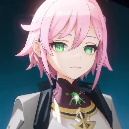 , masterpiece, Highest Quality, Highest Resolution, perfect background, perfect perspective, sharp image, perfect details, perfect lighting, perfect shadows, Perfect lighting, Best anime, background, 3D anime, 3D, black outline, 1girl, pink hair, short hair, green eyes, dress,