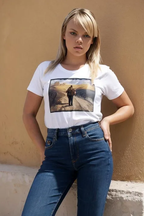photo of Ell3nS41nt_HM-140, a woman, perfect hair, (modern photo), wearing puffy jacket, t-shirt, jeans, 150mm standard (analog, cinematic, film grain:1.3), Glass Desert, Desert planet with smooth, mirror-like surface due to extreme heat., detailed eyes, professional pose, (epiCPhoto), (looking at viewer:1.1), (cinematic shot:1.3), (Rembrandt style lighting), OverallDetail, SkinHairDetail