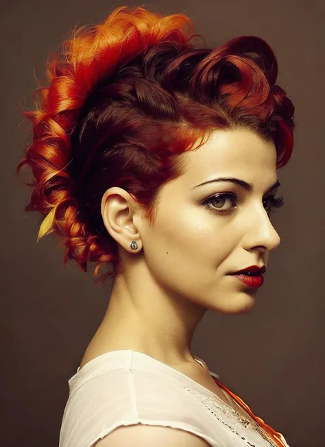 portrait of sks woman by Flora Borsi, style by Flora Borsi, bold, bright colours, orange Mohawk haircut, ((Flora Borsi)), <lora:locon_jennifertilly_v1_from_v1_64_32:1.4>