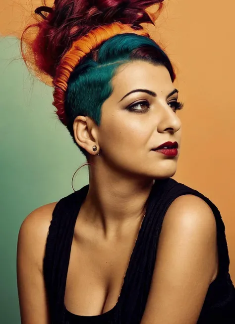 portrait of sks woman by Flora Borsi, style by Flora Borsi, bold, bright colours, orange Mohawk haircut, ((Flora Borsi)), <lora:locon_anitasarkeesian_v1_from_v1_64_32:1.4>