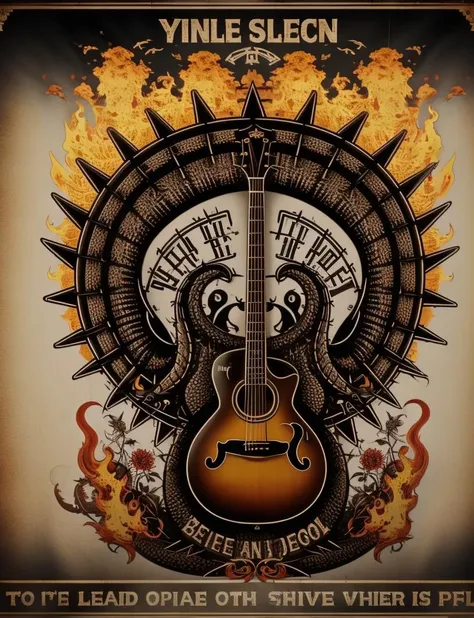 (((poster))), bird, guitar backgrıund, big dragon, fire <lora:VintageRock:1>