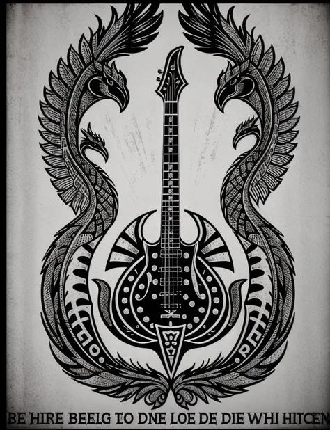 (((poster))), (bird:1), patterned guitar, big dragon, fire <lora:VintageRock:1>, (((black and white)))