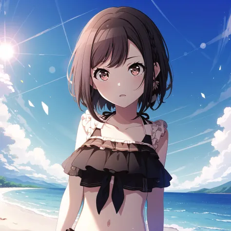 high quality, best quality, masterpiece, absurdres, shinonome ena, black bikini, 1girl, <lora:ena:0.75>, solo, beach, day, sun, front-tie_bikini_top, side-tie_bikini_bottom, frills, lens_flare, hdr