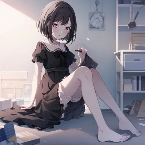 high quality, best quality, masterpiece, absurdres, shinonome ena, black dress, 1girl, <lora:ena:0.75>, solo, sitting, against_wall, bedroom, knees_up, night, barefoot, sob