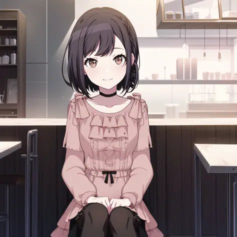 high quality, best quality, masterpiece, absurdres, shinonome ena, casual, 1girl, <lora:ena:0.75>, solo, sitting, cafe, evening, smile