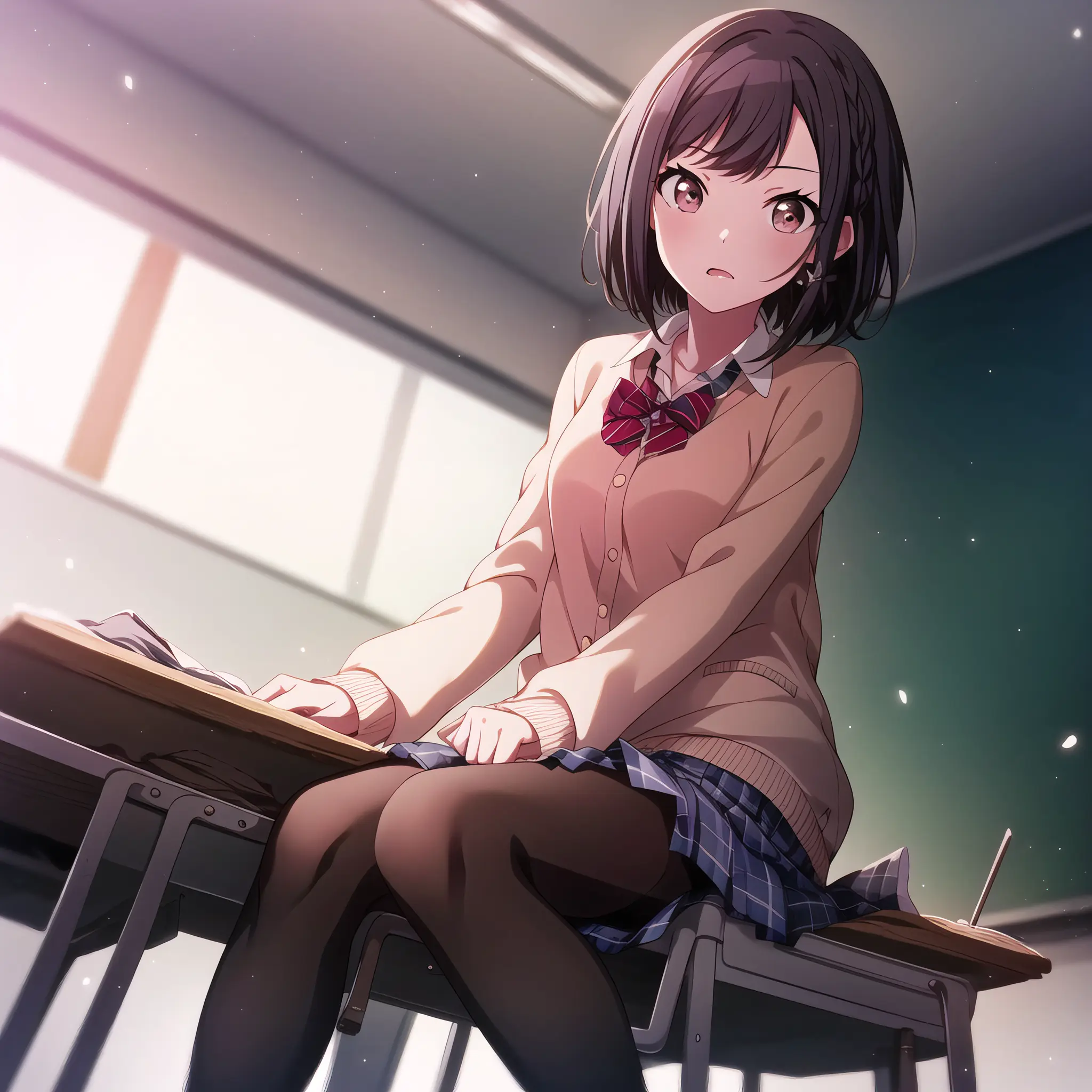 high quality, best quality, masterpiece, absurdres, shinonome ena, uniform, 1girl, <lora:ena:0.75>, solo, classroom, sitting_on_desk, black pantyhose