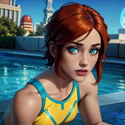 covergirl, supermodel, body-worship, RAW photo of aquagirl, (looking at viewer), wearing a yellow crop top with blue trim, side bangs, aquamarine eyes, athletic body, hyperdetailed, (hyperrealistic:1.2), (detailed skin:1.3), (detailed eyes:1.2), sharp focus, dramatic, poolside at an exclusive Las Vegas hotel, (masterpiece:1.5), (best quality:1.3), (vivid colors), sunshine, natural lighting, 8k wallpaper, closeup, sports illustrated,