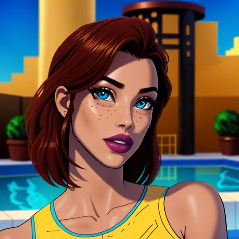 covergirl, supermodel, body-worship, RAW photo of aquagirl, (looking at viewer), wearing a yellow crop top with blue trim, side bangs, aquamarine eyes, athletic body, hyperdetailed, (hyperrealistic:1.2), (detailed skin:1.3), (detailed eyes:1.2), sharp focus, dramatic, poolside at an exclusive Las Vegas hotel, (masterpiece:1.5), (best quality:1.3), (vivid colors), sunshine, natural lighting, 8k wallpaper, closeup, sports illustrated,