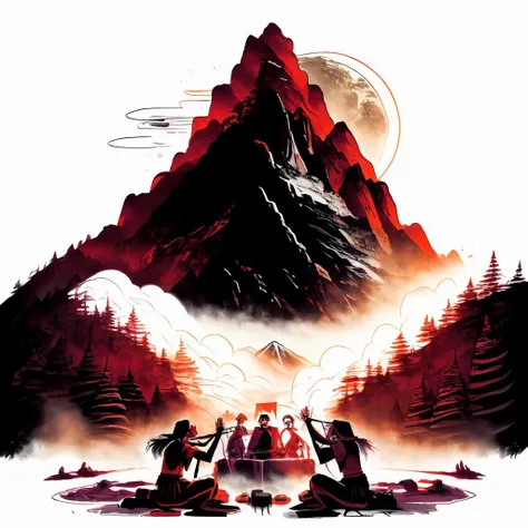 (Maroon color palette theme), prehistoric people performing a ritual at the foot of a misty mountain <lora:Tshirt_design:1>