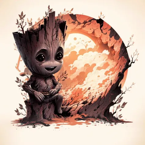 (Red color palette theme), <lora:groot_v2:1> Groot A wood creature <lora:Tshirt_design:0.8>