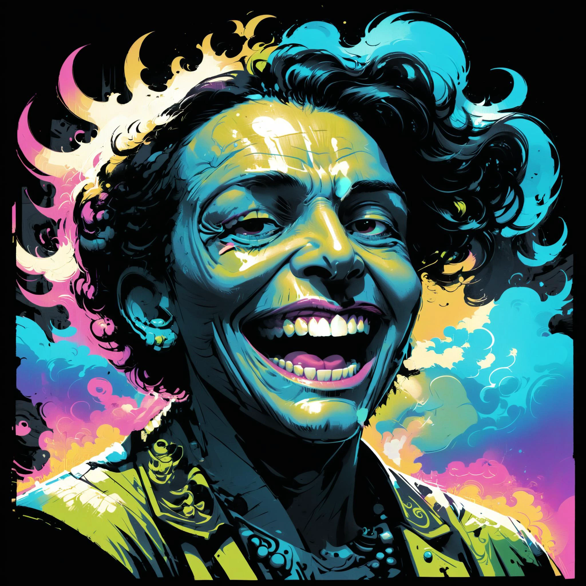 in the style of pop art silkscreening,((Laughing the Woodcarver)),(gradient colors),color palette desribed as "Fresh Spring: Lime Green, Soft Pink, Sky Blue",printed on black paper,Kodak Tri-X 400,extremely fine details,overlapping visual channels,Lazuli and deep yellow fractal art,solarization effect,warm background,thai art,wide angle perspective,richly colored skies,liquid emulsion printing,<lora:dan_mumford_v1:0.4>,dnmumfrd,<lora:DiscoDeliriumXL-v1.2:0.5>,<lora:[XL]Tshirt_design:0.7>,<lora:Graphic_Novel_Illustration-000007(1):0.4>,<lora:DFunk_SDXL:0.2>,<lora:add-detail-xl:1>,, <lora:Randommaxx_dark_offset_v1.1_lora_fp16:0.5>, <lora:add-detail-xl:2>,<lora:cine:0.5>,<lora:FF.97.juggernautXL_version4.lora:0.4>