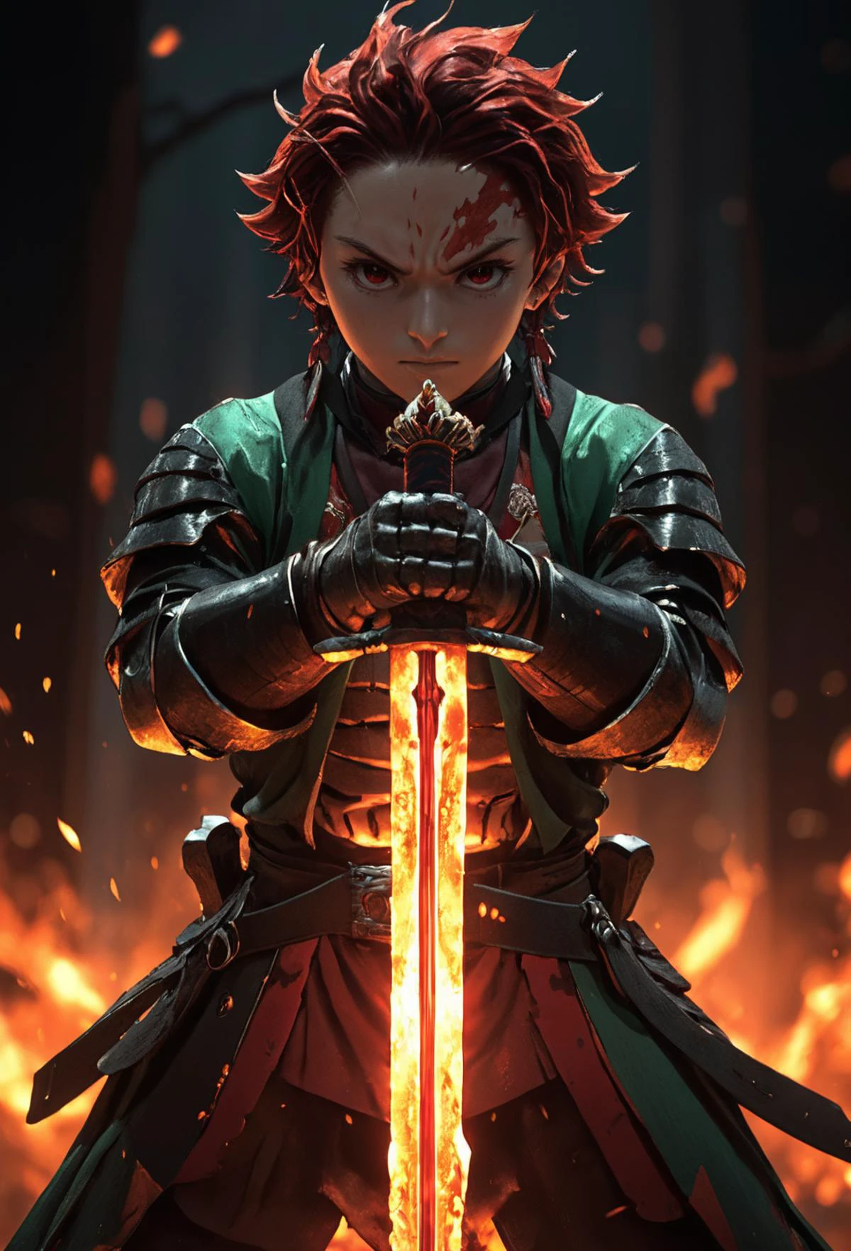 amazing quality, masterpiece, best quality, hyper detailed, ultra detailed, UHD, perfect anatomy,
tanjiro, sword with fire, glowing, hands up, action fight,
<lora:FantasyKnightsHKStyle:0.85>, HKStyle,
<lora:tanjiro-000009:0.65>,
<lora:add-detail-xl:0.75>,
<lora:EnvyBetterHiresFixXL01:0.75>,
<lora:extremely_detailed:0.6>, extremely detailed,