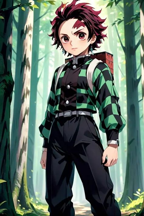 One boy,Juvenal, Super detaileded face masterpiece, Super detailed, forest, beginning, Checkered clothing,Demon Slayer uniform, Black trousers, Are standing, Crimson Eyes, A pure face without impurities, (masterpiece:1.2), Highest quality, High resolution, unity 8k wallpaper, (figure:0.8), (Beautiful attention to detail:1.6), Highly detailed face, Perfect lighting, Highly detailed CG, (Perfect Anatomy),cute