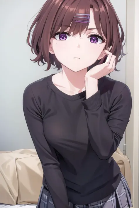 madokahiguchi, <lyco:madokahiguchiyd-lyco-nochekaiser:1>,
madoka higuchi yd, brown hair, eyebrows hidden by hair, grey background, hair ornament, hairclip, mole, mole under eye, (purple eyes:1.1), short hair, wavy hair,
BREAK black pantyhose, black shirt, pantyhose, plaid, plaid skirt, pleated skirt, school uniform, shirt, skirt,
BREAK indoors, bed,
BREAK looking at viewer, (cowboy shot:1.5),
BREAK <lyco:GoodHands-beta2:1>, (masterpiece:1.2), best quality, high resolution, unity 8k wallpaper, (illustration:0.8), (beautiful detailed eyes:1.6), extremely detailed face, perfect lighting, extremely detailed CG, (perfect hands, perfect anatomy),