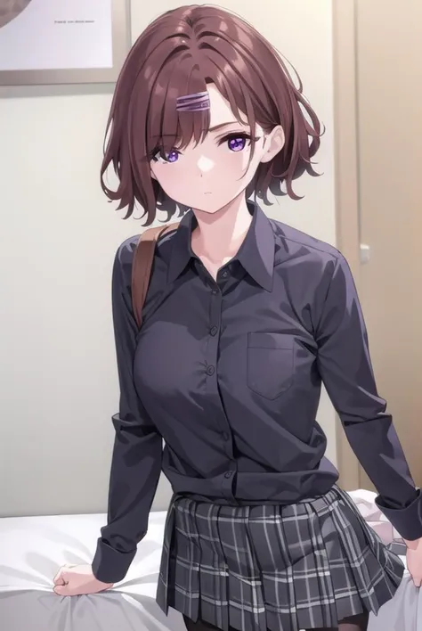 madokahiguchi, <lyco:madokahiguchiyd-lyco-nochekaiser:1>,
madoka higuchi yd, brown hair, eyebrows hidden by hair, grey background, hair ornament, hairclip, mole, mole under eye, (purple eyes:1.1), short hair, wavy hair,
BREAK black pantyhose, black shirt, pantyhose, plaid, plaid skirt, pleated skirt, school uniform, shirt, skirt,
BREAK indoors, bed,
BREAK looking at viewer, (cowboy shot:1.5),
BREAK <lyco:GoodHands-beta2:1>, (masterpiece:1.2), best quality, high resolution, unity 8k wallpaper, (illustration:0.8), (beautiful detailed eyes:1.6), extremely detailed face, perfect lighting, extremely detailed CG, (perfect hands, perfect anatomy),