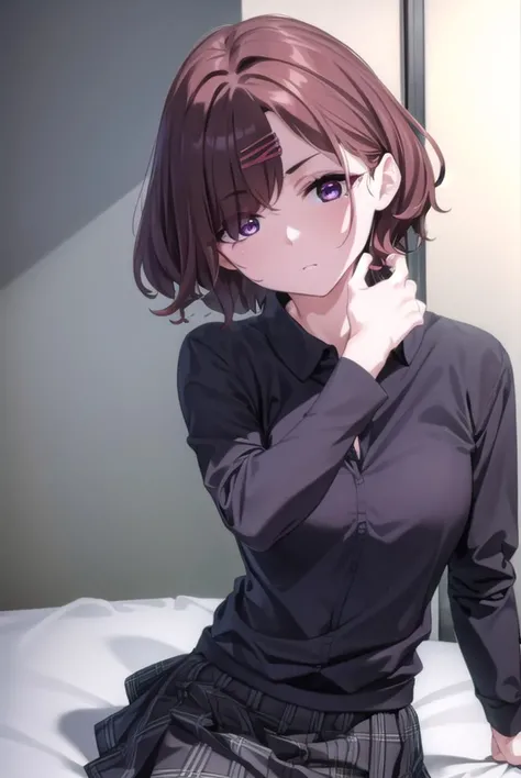 madokahiguchi, <lyco:madokahiguchiyd-lyco-nochekaiser:1>,
madoka higuchi yd, brown hair, eyebrows hidden by hair, grey background, hair ornament, hairclip, mole, mole under eye, (purple eyes:1.1), short hair, wavy hair,
BREAK black pantyhose, black shirt, pantyhose, plaid, plaid skirt, pleated skirt, school uniform, shirt, skirt,
BREAK indoors, bed,
BREAK looking at viewer, (cowboy shot:1.5),
BREAK <lyco:GoodHands-beta2:1>, (masterpiece:1.2), best quality, high resolution, unity 8k wallpaper, (illustration:0.8), (beautiful detailed eyes:1.6), extremely detailed face, perfect lighting, extremely detailed CG, (perfect hands, perfect anatomy),