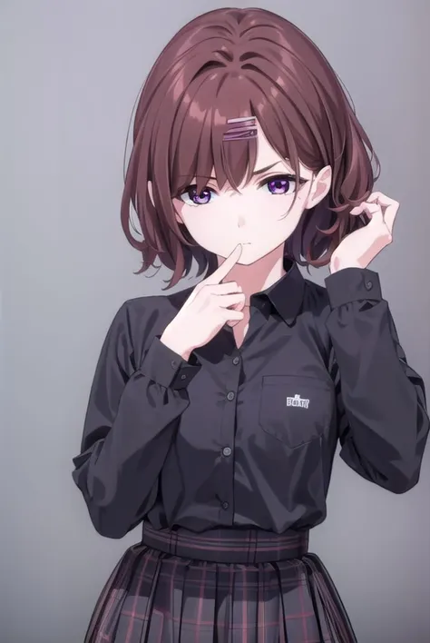 madokahiguchi, <lyco:madokahiguchiyd-lyco-nochekaiser:1>,
madoka higuchi yd, brown hair, eyebrows hidden by hair, grey background, hair ornament, hairclip, mole, mole under eye, (purple eyes:1.1), short hair, wavy hair,
BREAK black pantyhose, black shirt, pantyhose, plaid, plaid skirt, pleated skirt, school uniform, shirt, skirt,
BREAK indoors, bed,
BREAK looking at viewer, (cowboy shot:1.5),
BREAK <lyco:GoodHands-beta2:1>, (masterpiece:1.2), best quality, high resolution, unity 8k wallpaper, (illustration:0.8), (beautiful detailed eyes:1.6), extremely detailed face, perfect lighting, extremely detailed CG, (perfect hands, perfect anatomy),