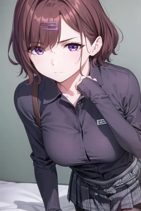 madokahiguchi, <lyco:madokahiguchiyd-lyco-nochekaiser:1>,
madoka higuchi yd, brown hair, eyebrows hidden by hair, grey background, hair ornament, hairclip, mole, mole under eye, (purple eyes:1.1), short hair, wavy hair,
BREAK black pantyhose, black shirt, pantyhose, plaid, plaid skirt, pleated skirt, school uniform, shirt, skirt,
BREAK indoors, bed,
BREAK looking at viewer, (cowboy shot:1.5),
BREAK <lyco:GoodHands-beta2:1>, (masterpiece:1.2), best quality, high resolution, unity 8k wallpaper, (illustration:0.8), (beautiful detailed eyes:1.6), extremely detailed face, perfect lighting, extremely detailed CG, (perfect hands, perfect anatomy),