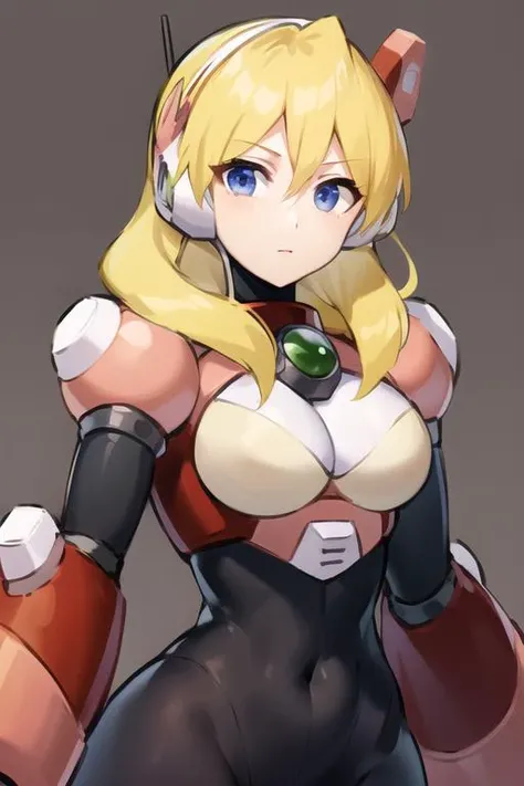 alia_megamanx, 1girl, solo, breasts, blue eyes, blonde hair, android, long hair, robot ears, simple background, upper body, masterpiece, high quality, <lora:Alia_Mega_Man_X_V-09:1>