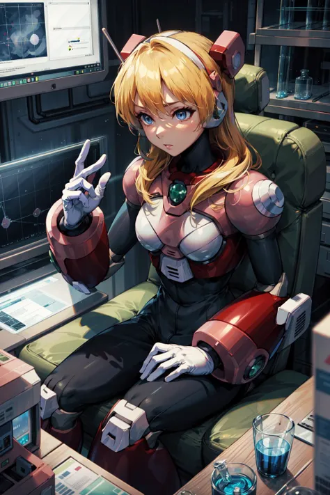 masterpiece,best quality,highres,1girl,alia_megamanx,blue eyes,blonde hair,android,long hair,robot ears,white gloves,sitting,laboratory,science fiction,<lora:Alia_Mega_Man_X_V:0.9>,