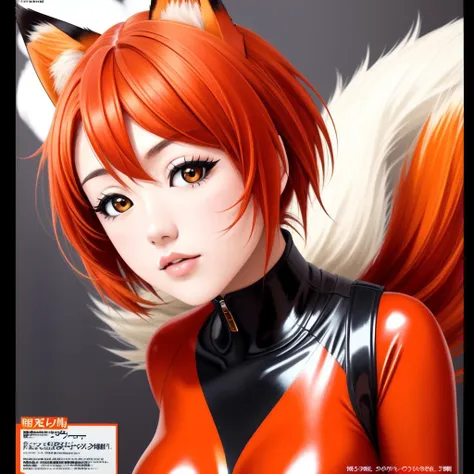 masterpiece, japanese magazine cover, title, text, news, fox girl with orange hair wearing a stylish catsuit outfit,  {{{masterpiece}}},