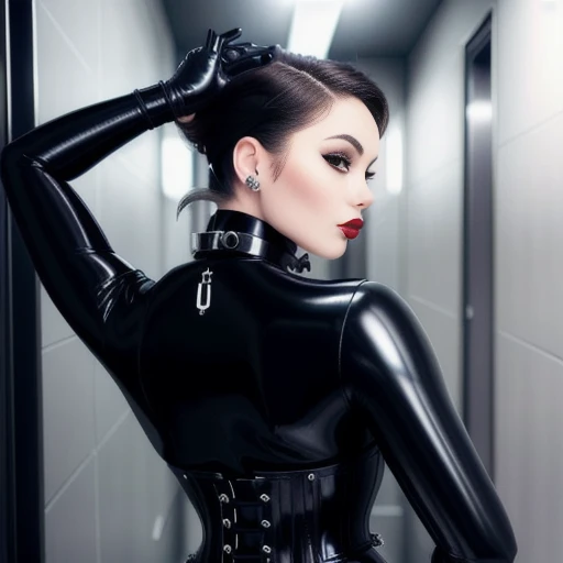 solodie, ((((beautiful face)))), ((perfect face)), deliberate, masterpiece, best quality, highest quality, cinematic lighting, very beautiful, beautiful, black latexcatsuit, front zipper, black latex corset, latex opera gloves, ((((arms behind back)))), ((hands tied behind)), arms behind, arms tied behind back, black lipstick, dark lipstick, black lips, dark lips, ultra realistic, tattoos, tattooed, beautiful, PHOTOREALISTIC, ANATOMICAL correct, ((in a scifi hallway))