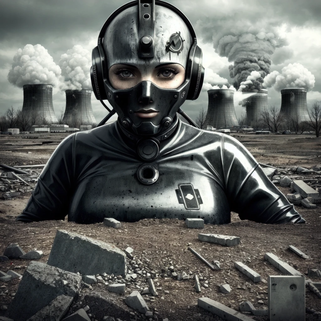 latex, apocalypse, photorealistic, normal skin, destruction, radioactivity, nuclear power, the end of the world,