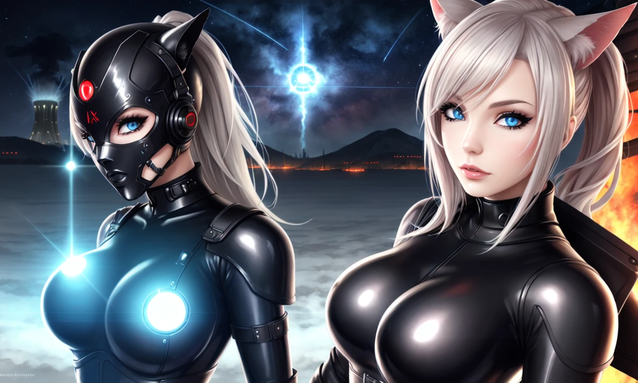 latex, miqote_woman, apocalypse, photorealistic, normal skin, destruction, radioactivity, nuclear power, the end of the world, perfect eyes,