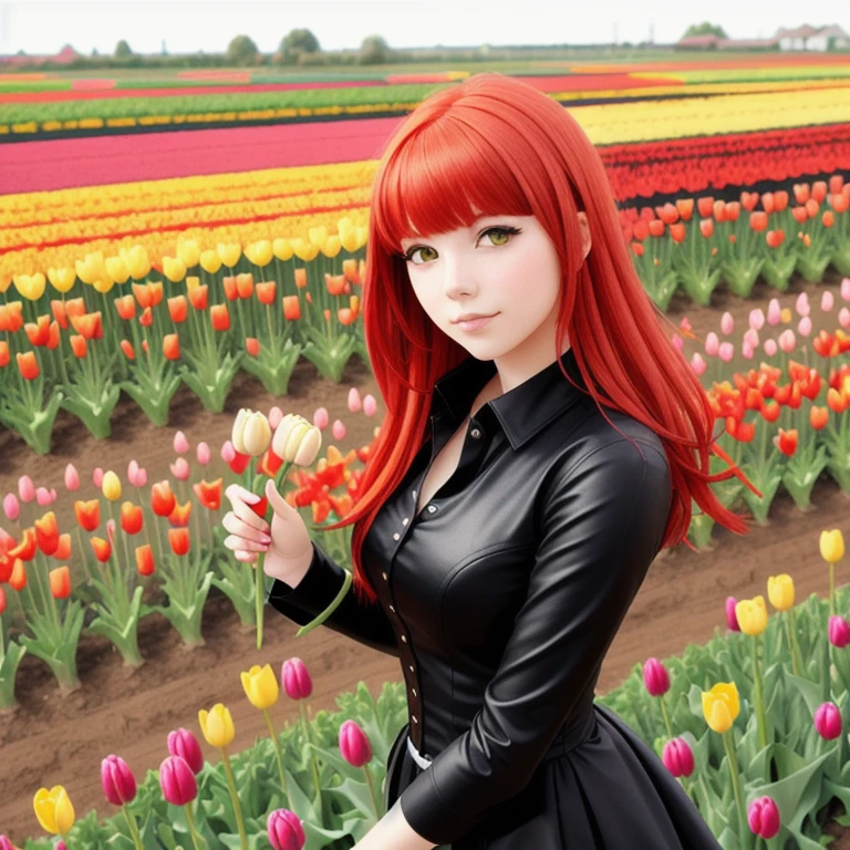 Miqote girl, gathering a flower from a tulip field, red hair, yellow eyes, solo,