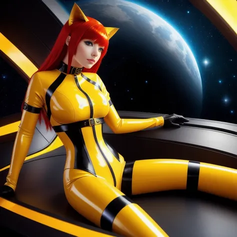 Miqote girl, wearing a dragon scale latex catsuit, red hair, yellow eyes, solo, in a scifi spaceship, masterpiece,