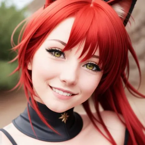 Miqote girl, smiling at the camera, red hair, yellow eyes, solo,