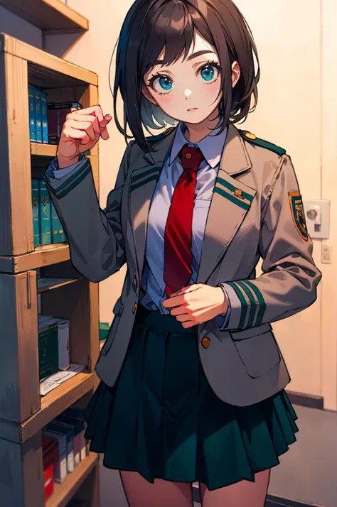 katya1, <lora:attire_uauniforms:1> u.a. school uniform, grey jacket, red necktie, green skirt,, ultra detailed, masterpiece, best quality, aesthetic, detailed,