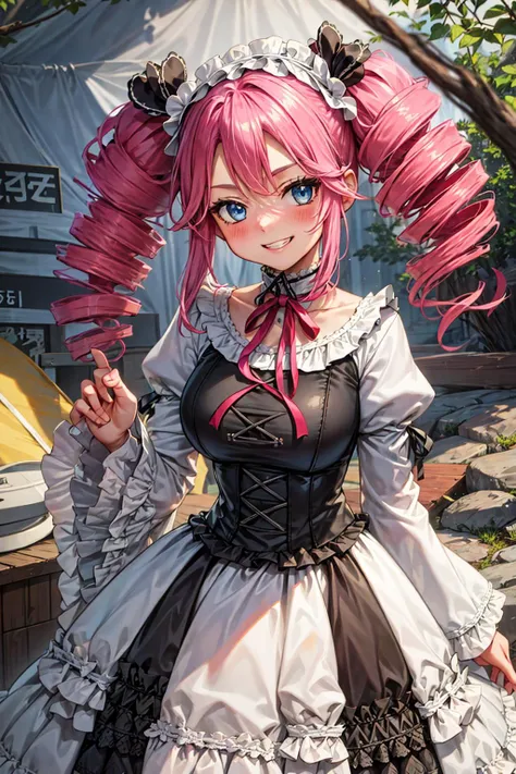 (masterpiece),(best quality),(ultra detailed), 
highly detailed, intricate details, High quality shadow, Cinematic Light, 
cowboy shot,
<lora:shikoku_metan_v1:0.8>(shikoku metan:1.1),(clothed:1.1),blue eyes, 
hairband, white and black dress, frilled dress, long dress, neck ribbon, long skirt, heart shaped hair ornament, 
pink hair, large twin tails, drill hair, 
smug, smirk, blush, teeth,
outdoor, camping tent, barbecue,
 <lora:add_detail:0.5><lora:bg_imgs:0.2>, bg_imgs,