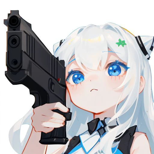 girl,chibi, ((close up):1.2), from below,holding handgun, white background, <lyco:Emotes-remaster-v4:1.0>